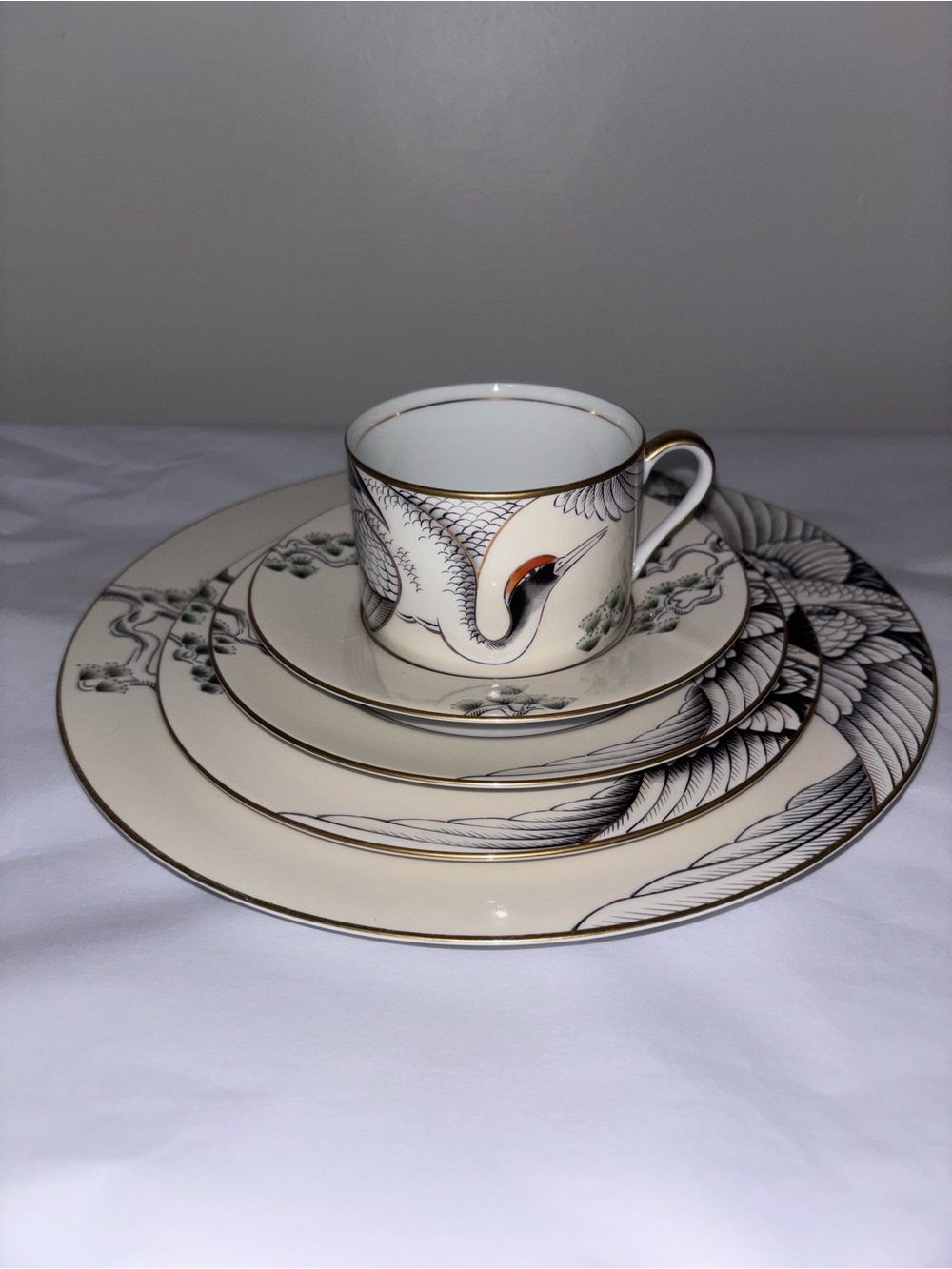 Fitz & Floyd Crane with Pine 5 pc setting dinner salad bread plate cup saucer